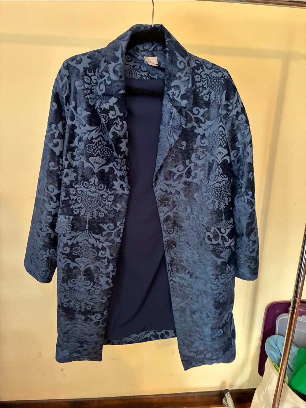 Chico's Navy Blue Damask Jacquard Long Coat